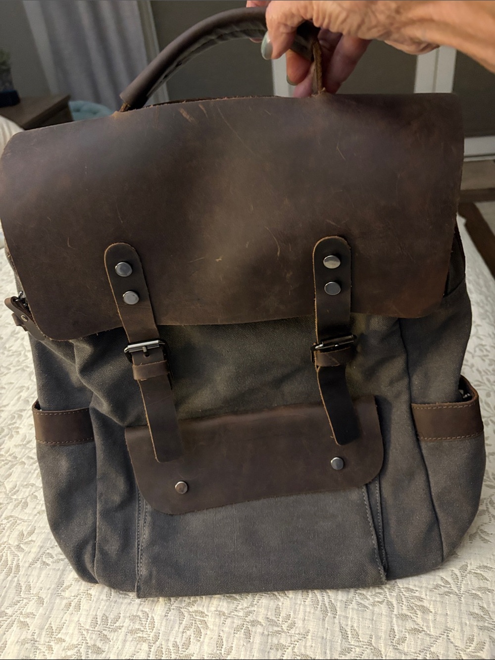 Vintage-Inspired Brown Leather & Gray Canvas Backpack - Classic Everyday